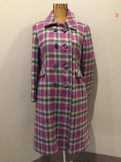 Kingspier Vintage - Keene Furs Shagmoor wool green and purple plaid double breasted car coat with belt at waist. Made in the USA.