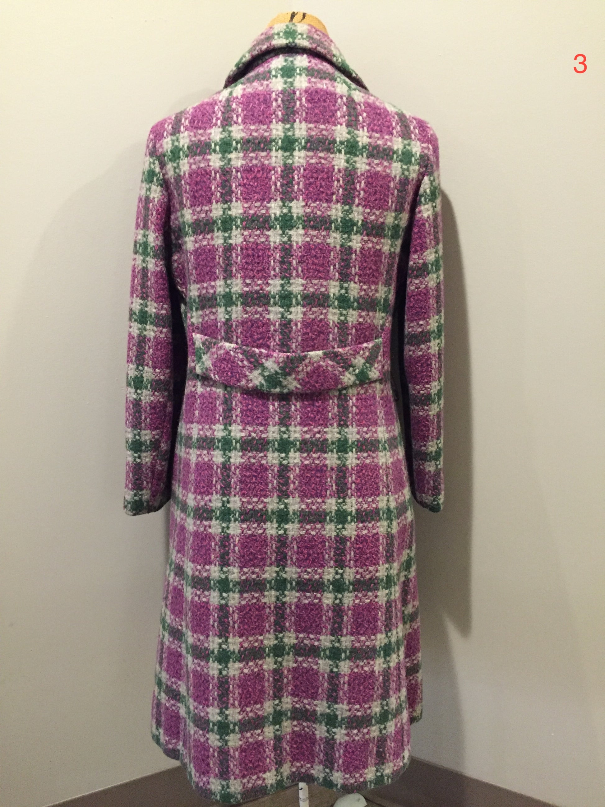 Kingspier Vintage - Keene Furs Shagmoor wool green and purple plaid double breasted car coat with belt at waist. Made in the USA.