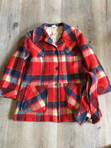 Kingspier Vintage - Croydon orange, yellow, blue and white plaid coat with button closures, belt and patch pockets. Size 14, fits small.