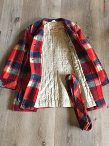Kingspier Vintage - Croydon orange, yellow, blue and white plaid coat with button closures, belt and patch pockets. Size 14, fits small.