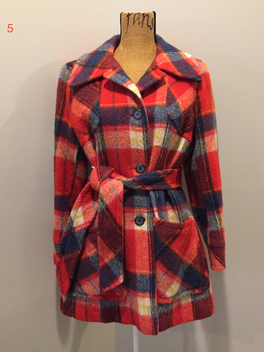 Kingspier Vintage - Croydon orange, yellow, blue and white plaid coat with button closures, belt and patch pockets. Size 14, fits small.