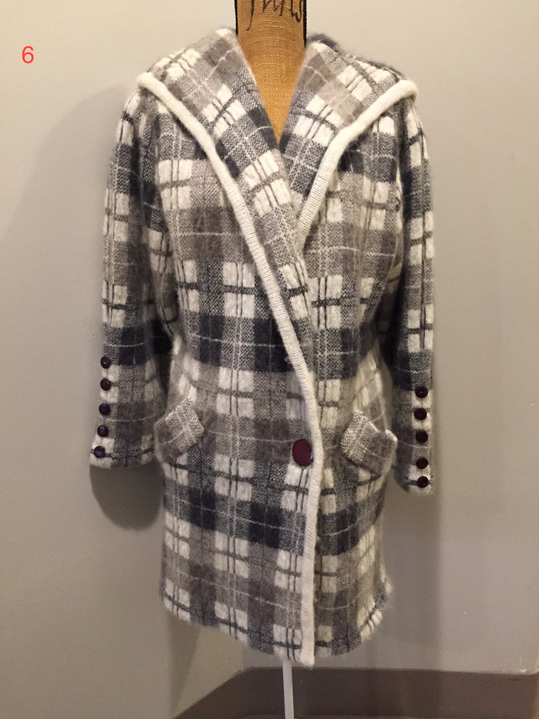 Kingspier Vintage - L.B. International Grey and white plaid mohair sweater coat with button closure, welt pockets and a shawl collar