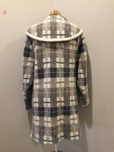 Kingspier Vintage - L.B. International Grey and white plaid mohair sweater coat with button closure, welt pockets and a shawl collar