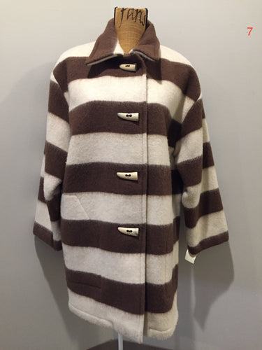 Kingspier Vintage - Linda Lundstrom white and brown striped wool parka with wooden toggles and patch pockets. Made in Canada. Size medium.