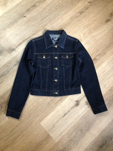 Kingspier Vintage - Angels denim jacket in a dark wash with button closures and two flap pockets. Size small.