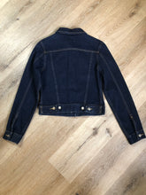 Load image into Gallery viewer, Kingspier Vintage - Angels denim jacket in a dark wash with button closures and two flap pockets. Size small.
