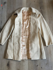 Kingspier Vintage - Country Pacer beige wool car coat with unique stitched detailing around trim, white buttons and welt pockets. Union made in the USA. Size small/ medium.