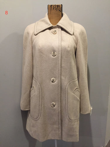 Kingspier Vintage - Country Pacer beige wool car coat with unique stitched detailing around trim, white buttons and welt pockets. Union made in the USA. Size small/ medium.