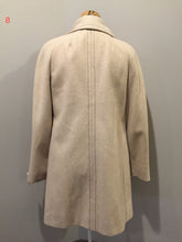 Load image into Gallery viewer, Kingspier Vintage - Country Pacer beige wool car coat with unique stitched detailing around trim, white buttons and welt pockets. Union made in the USA. Size small/ medium.
