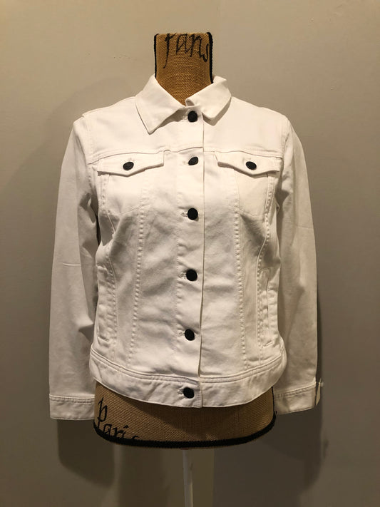 Kingspier Vintage - Talbots denim jacket in white with button closures, two vertical pockets and two flap pockets on the chest. Size small petite.