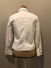 Load image into Gallery viewer, Kingspier Vintage - Talbots denim jacket in white with button closures, two vertical pockets and two flap pockets on the chest. Size small petite.
