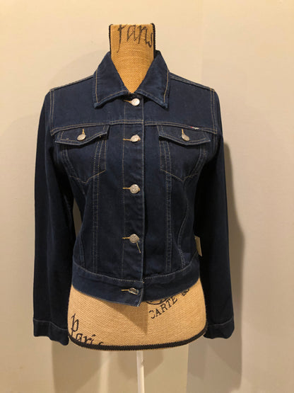 Kingspier Vintage - Angels denim jacket in a dark wash with button closures and two flap pockets. Size small.