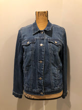Load image into Gallery viewer, Kingspier Vintage - Nine West Vintage Collection denim jacket in a medium wash with vintage look material piece in the back, button clusters, two vertical pockets and two flap pockets on the chest. Size large.
