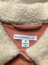 Load image into Gallery viewer, Kingspier Vintage - Isaac Mizrahi Live! denim sherpa jacket in coral pink with stretchy soft denim, button closures, two vertical pockets and two flap pockets. Size 12.
