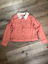 Load image into Gallery viewer, Kingspier Vintage - Isaac Mizrahi Live! denim sherpa jacket in coral pink with stretchy soft denim, button closures, two vertical pockets and two flap pockets. Size 12.
