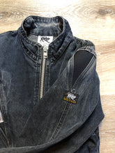 Load image into Gallery viewer, Kingspier Vintage - Santana denim jacket in faded black with elastic sections to hug the body, zipper and zip vertical pockets. Made in Canada. Size medium

