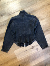 Load image into Gallery viewer, Kingspier Vintage - Santana denim jacket in faded black with elastic sections to hug the body, zipper and zip vertical pockets. Made in Canada. Size medium
