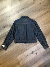 Load image into Gallery viewer, Kingspier Vintage - London Blue denim jacket in faded medium wash with button closures, vertical pockets, flap pockets on the chest and inside pockets. Size 3.
