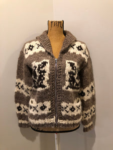 Kingspier Vintage - Cowichan style hand spun and hand knit wool zip cardigan in taupe brown, beige, white and dark brown with thunderbird design, shawl collar, zipper and pockets.