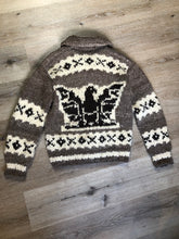 Load image into Gallery viewer, Kingspier Vintage - Cowichan style hand spun and hand knit wool zip cardigan in taupe brown, beige, white and dark brown with thunderbird design, shawl collar, zipper and pockets.
