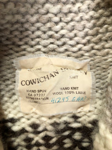 Kingspier Vintage - Genuine Cowichan hand spun, hand knit belted wool cardigan in cream, grey and dark brown with floral design, shawl collar, belt and pockets.