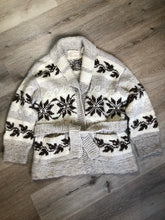 Load image into Gallery viewer, Kingspier Vintage - Genuine Cowichan hand spun, hand knit belted wool cardigan in cream, grey and dark brown with floral design, shawl collar, belt and pockets.
