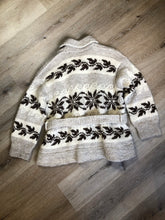 Load image into Gallery viewer, Kingspier Vintage - Genuine Cowichan hand spun, hand knit belted wool cardigan in cream, grey and dark brown with floral design, shawl collar, belt and pockets.
