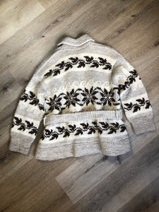 Kingspier Vintage - Genuine Cowichan hand spun, hand knit belted wool cardigan in cream, grey and dark brown with floral design, shawl collar, belt and pockets.