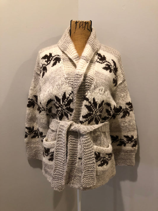 Kingspier Vintage - Genuine Cowichan hand spun, hand knit belted wool cardigan in cream, grey and dark brown with floral design, shawl collar, belt and pockets.