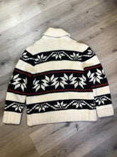 Load image into Gallery viewer, Kingspier Vintage - Cowichan hand spun, hand knit wool cardigan in cream, black and red with floral design, zipper and pockets. Size large.
