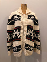 Load image into Gallery viewer, Kingspier Vintage - Cowichan hand spun, hand knit wool cardigan in cream, black and red with floral design, zipper and pockets. Size large.
