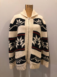 Kingspier Vintage - Cowichan hand spun, hand knit wool cardigan in cream, black and red with floral design, zipper and pockets. Size large.
