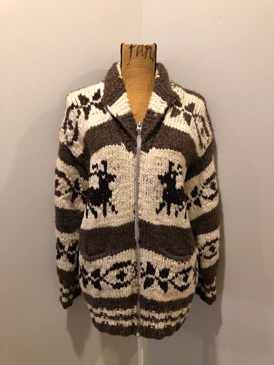 Kingspier Vintage - Genuine Cowichan hand spun, hand knit wool cardigan in cream, taupe brown and black with deer design, zipper and pockets.