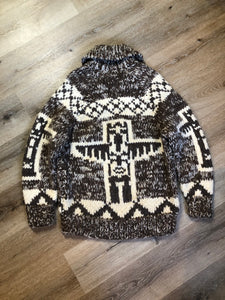 Kingspier Vintage - Cowichan style hand knit wool cardigan in cream and taupe brown with totem pole design, raglan sleeve, collar and zipper.