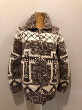 Load image into Gallery viewer, Kingspier Vintage - Cowichan style hand knit wool cardigan in cream and taupe brown with totem pole design, raglan sleeve, collar and zipper.
