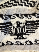 Load image into Gallery viewer, Kingspier Vintage - Cowichan style hand knit wool pullover sweater in cream, grey and dark brown with thunder bird design and shall collar.
