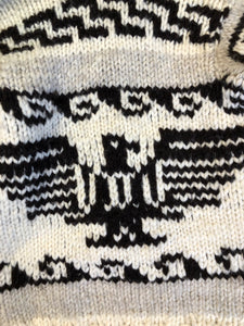 Kingspier Vintage - Cowichan style hand knit wool pullover sweater in cream, grey and dark brown with thunder bird design and shall collar.