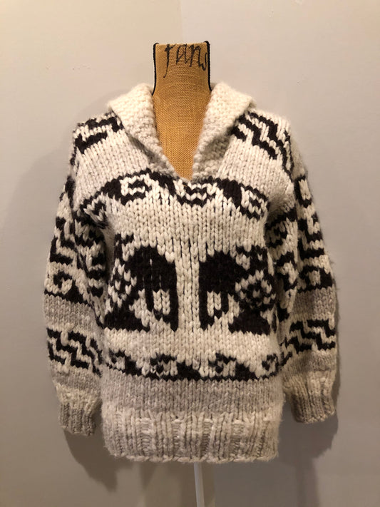 Kingspier Vintage - Cowichan style hand knit wool pullover sweater in cream, grey and dark brown with thunder bird design and shall collar.