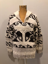 Load image into Gallery viewer, Kingspier Vintage - Cowichan style hand knit wool pullover sweater in cream, grey and dark brown with thunder bird design and shall collar.
