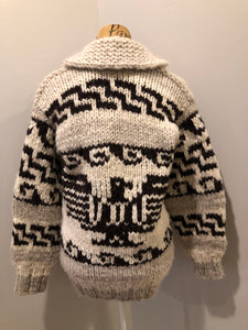Kingspier Vintage - Cowichan style hand knit wool pullover sweater in cream, grey and dark brown with thunder bird design and shall collar.