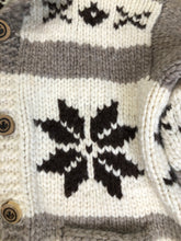 Load image into Gallery viewer, Kingspier Vintage - Cowichan style hand knit zip wool cardigan in cream, grey and dark brown with floral design, zipper and pockets.
