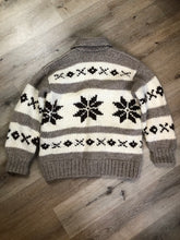 Load image into Gallery viewer, Kingspier Vintage - Cowichan style hand knit zip wool cardigan in cream, grey and dark brown with floral design, zipper and pockets.
