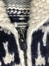 Load image into Gallery viewer, Kingspier Vintage - Cowichan style hand knit wool zip cardigan in white, grey and navy with floral design, zipper and pockets.
