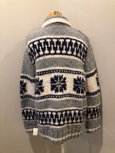 Load image into Gallery viewer, Kingspier Vintage - Cowichan style hand knit wool zip cardigan in white, grey and navy with floral design, zipper and pockets.
