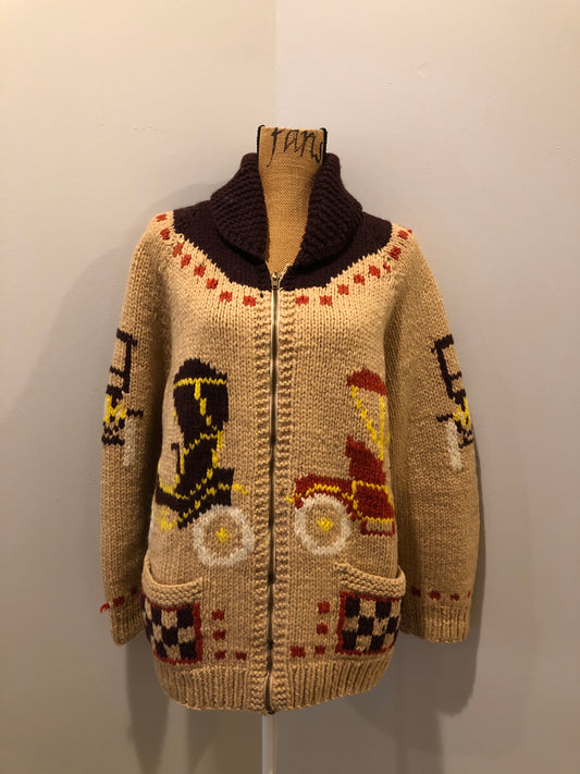 Kingspier Vintage - Mary Maxim hand knit wool zip cardigan in light brown with dark brown, red, yellow and cream with antique car design, raglan sleeves, zipper and pockets. Made in Nova Scotia.