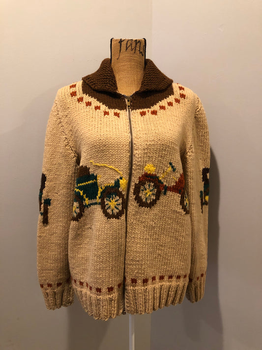 Kingspier Vintage - Mary Maxim hand knit zip cardigan in beige with dark brown, green and yellow antique car design. Made in Nova Scotia.