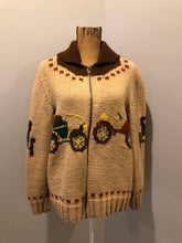 Load image into Gallery viewer, Kingspier Vintage - Mary Maxim hand knit zip cardigan in beige with dark brown, green and yellow antique car design. Made in Nova Scotia.
