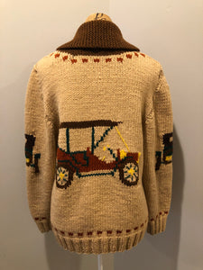 Kingspier Vintage - Mary Maxim hand knit zip cardigan in beige with dark brown, green and yellow antique car design. Made in Nova Scotia.