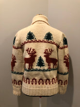 Load image into Gallery viewer, Kingspier Vintage - Mary Maxim hand knit zip cardigan in cream color wool with moose design, zipper and collar. Made in Nova Scotia.
