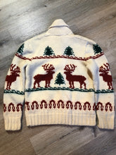 Load image into Gallery viewer, Kingspier Vintage - Mary Maxim hand knit zip cardigan in cream color wool with moose design, zipper and collar. Made in Nova Scotia.
